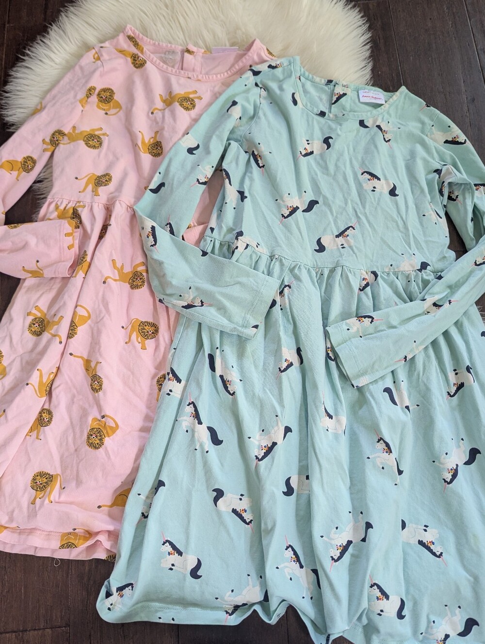 Bundle! 2 Hanna Andersson Long Sleeve Button Back Swing Dress 10 Lion Unicorn